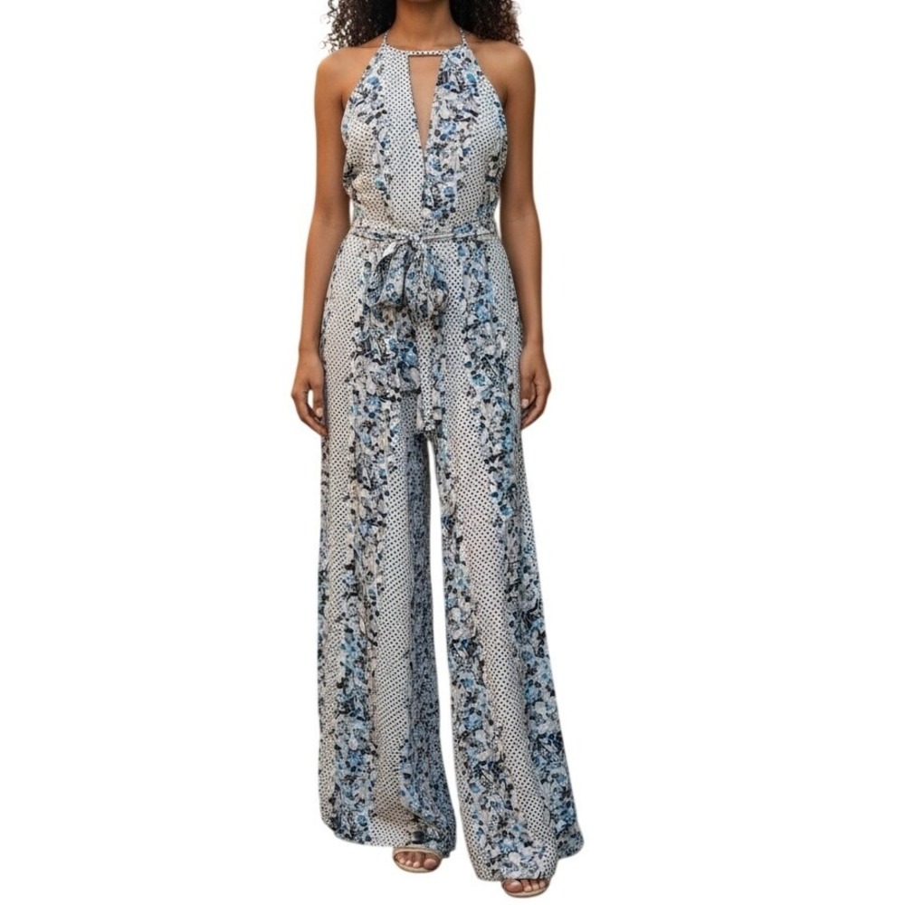 BANJUL Floral Polka Dot Halter Wide Leg Jumpsuit Blue White Tie Waist  NWOT M‎